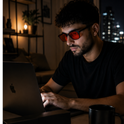 A man wearing red-tinted sunglasses and a black t-shirt sits at a desk typing on a laptop in a dimly lit room with a city skyline at night in the background.